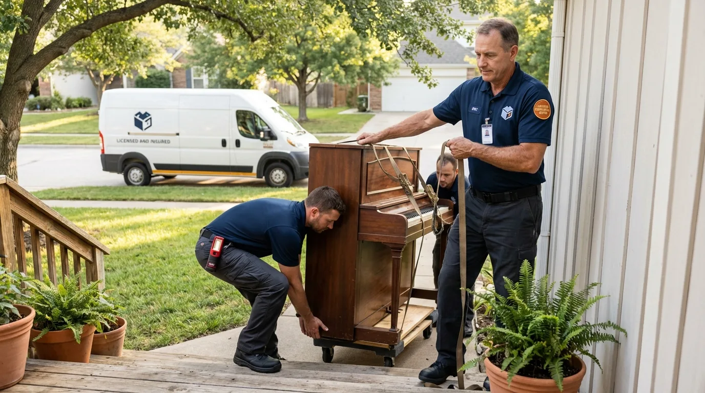 Licensed piano movers securing grand piano in Cedar Hill, TX