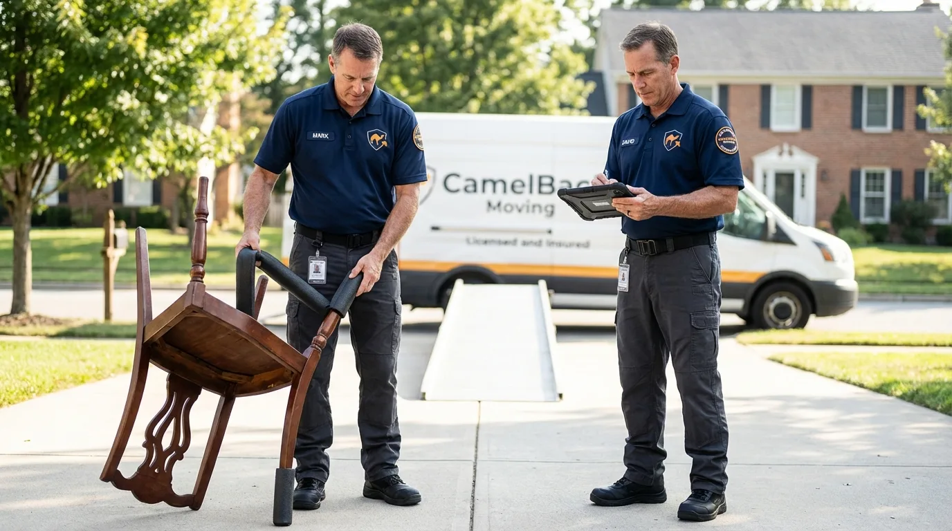 Movers inspecting furniture for damage prevention before loading in Cedar Hill, TX