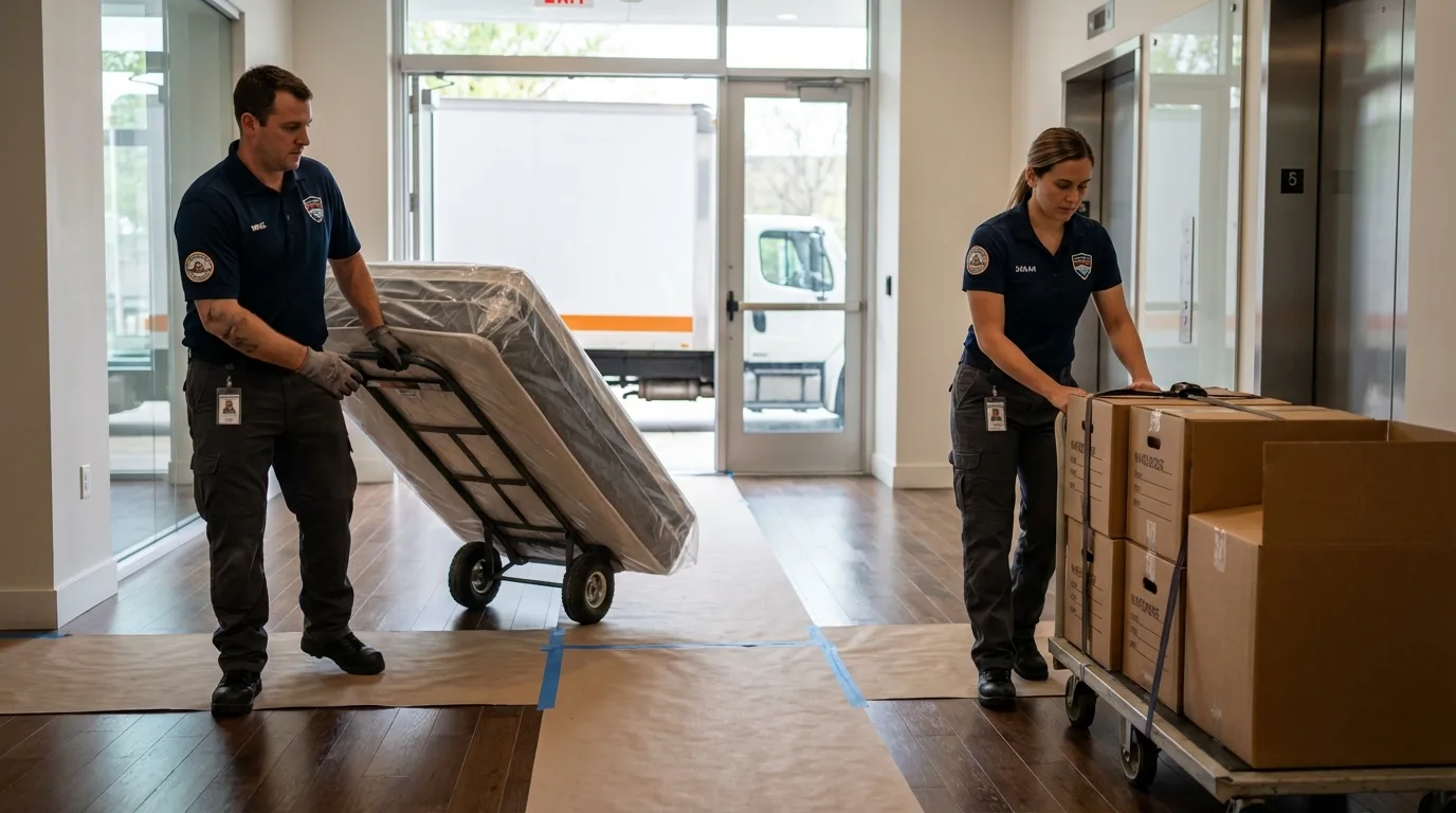 Professional apartment movers loading elevator in Cedar Hill, TX